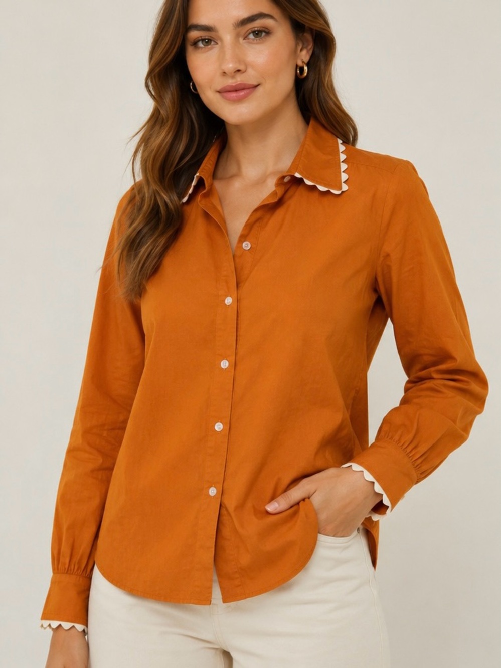 Scallop-Trim‎ Rust Orange Button-Down Shirt